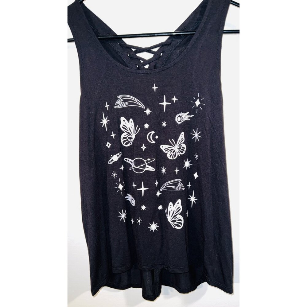 Womens Sleeveless Black Tank Top With Cosmic Butterfly Print & LaceUp Back SMALL